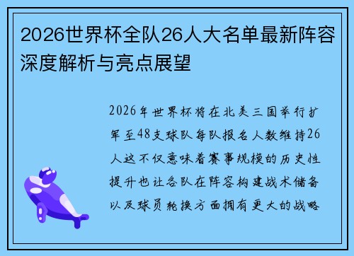 2026世界杯全队26人大名单最新阵容深度解析与亮点展望 2026世界杯全队26人大名单最新阵容深度解析与亮点展望